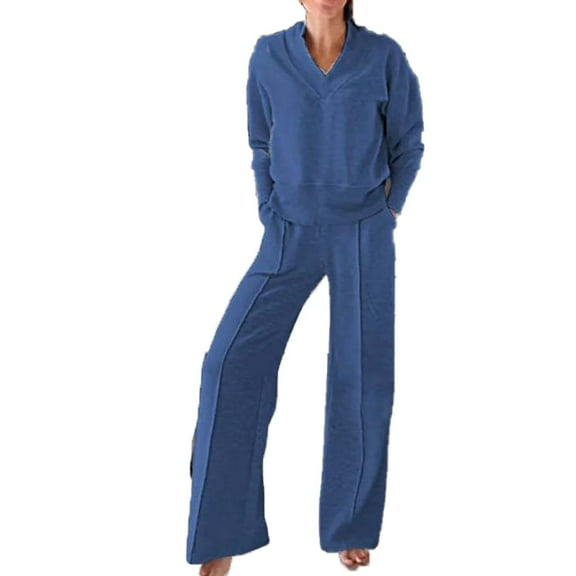 MSJUHEG Long Sleeve Workout Set,Jumpsuits for Women,Matching Sweat Sets for Women,Tracksuit for Women,Two Piece Outfits Sweatsuit Set Wide Leg Set,Wide Leg Jumpsuits for Women Blue 3XL