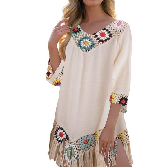 MSJUHEG Long Swimsuit Coverup for Women,Beach Cover Up,Boho Swimsuits for Women,Mesh Cover Up,Beach Cardigans for Women,Bathing Suit Cover Up For Beach Pool Swimwear Crochet Dress Beige One Size