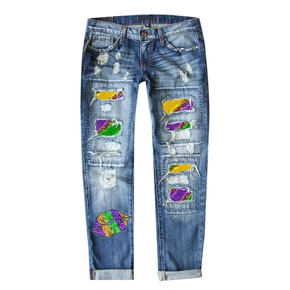MSJUHEG Mardi Gras Pants for Women Jeans for Women Womens Jeans Denim Jumpsuit for Women Wide Leg Jeans Woman Baggy Jeans Mardi Gras Pants Blue L