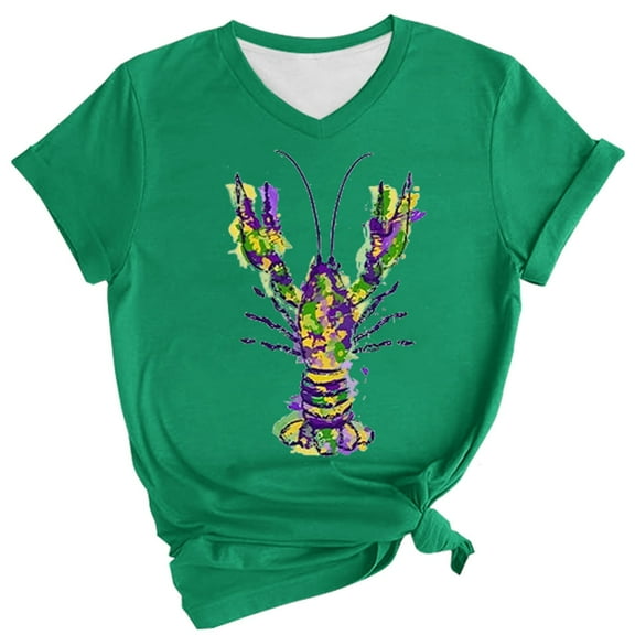 MSJUHEG Mardi Gras Shirts for Women,graphic Tees,carnival Tshirts,women's Carnival Crawfish Print V Neck Shirt Women's Pullover T Shirt Mask Graphic Tshirt,mardi Gras Clothes Greenl