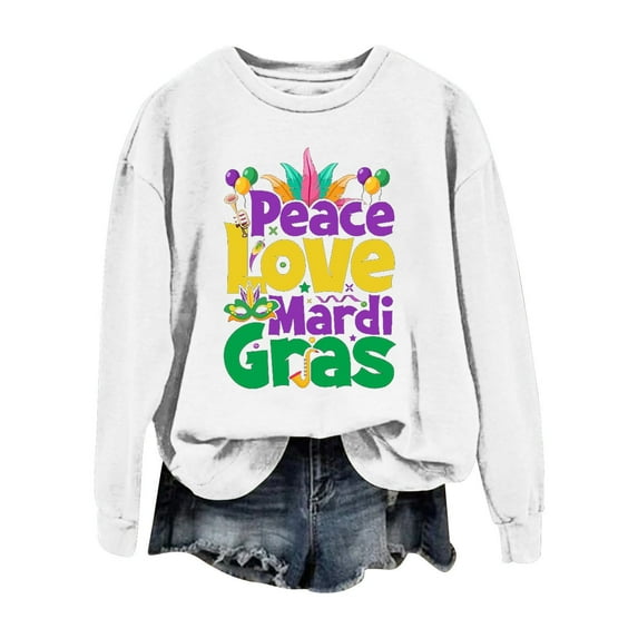 MSJUHEG Mardi Gras Sweater Long Sleeve Workout Tops for Women Mardi Gras Sweater for Women Sweatshirt for Women Long Shirt Shirts for Women Hoodies for Women White L