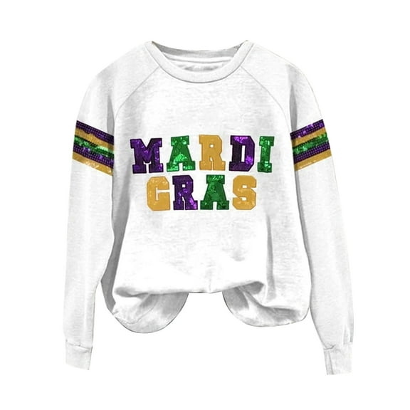 MSJUHEG Mardi Gras Sweater O-neck Mardi Gras Shirts for Women Long Sleeve Long Sleeve Shirts for Women Womens Long Sleeve Tops Long Short Mardi Gras Sweater for Women White M