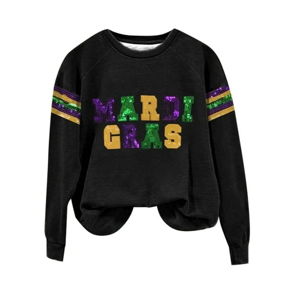 MSJUHEG Mardi Gras Sweater O-neck Mardi Gras Shirts for Women Long Sleeve Long Sleeve Shirts for Women Womens Long Sleeve Tops Long Short Mardi Gras Sweater for Women Black M