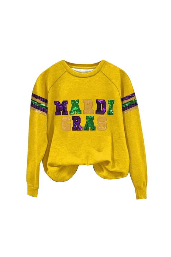 Mardi Gras Sweater O-neck Mardi Gras Shirts for Women Long Sleeve Long Sleeve Shirts for Women Womens Long Sleeve Tops Long Short Mardi Gras Sweater for Women Yellow S
