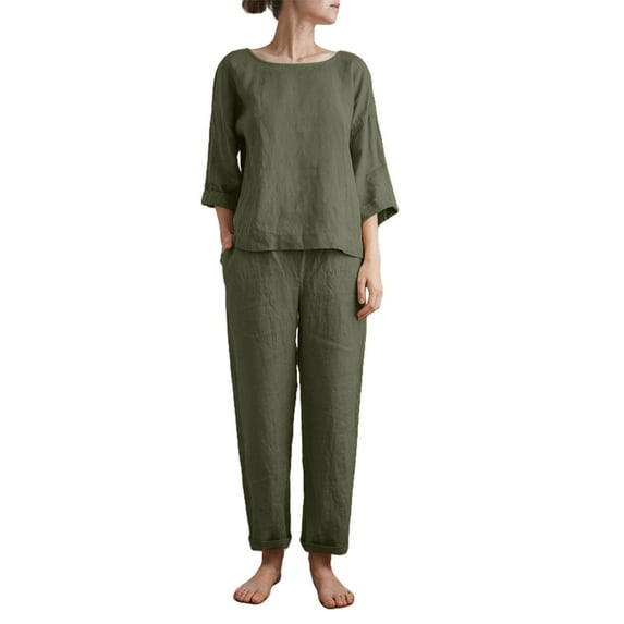 MSJUHEG Matching Sets for Women Lounge Sets for Women Womens Two Piece Sets Summer Linen Sets for Women 2 Piece Crop Tops Wide Leg Pant Sets 2 Piece Outfits 2025 Beach Sets for Women Green 3XL