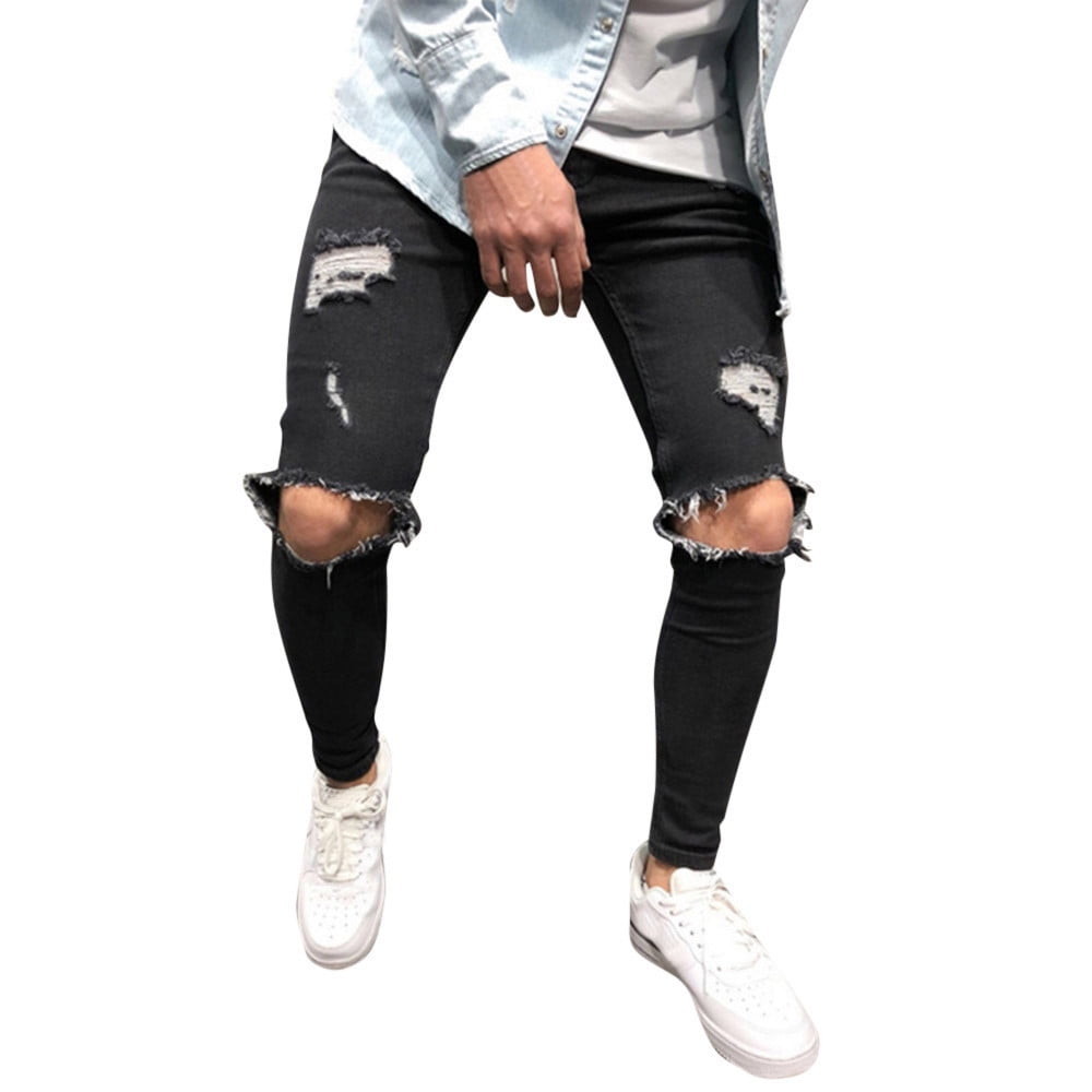 Ymosrh Men's Distressed Ripped Slim Fit Jeans - Stretch Denim Pants For Casual Wear