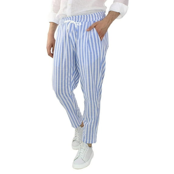 MSJUHEG Mens Pants Work Pants For Men Loose Breathable Waist Striped Cotton Linen Trousers Linen Pants Light Blue L