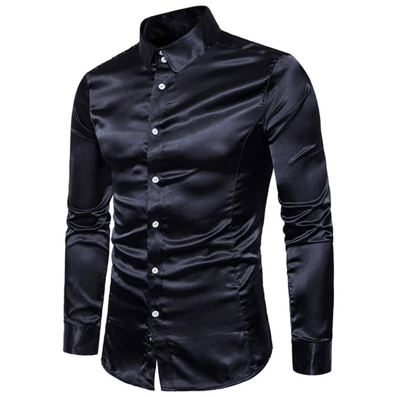 MSJUHEG Mens Shirts Long Sleeve Tops Blouse Turtleneck Long Sleeve Men'S Casual Fashion Glossy Long-Sleeved Lapel Shirt Long Sleeve Shirt Black M