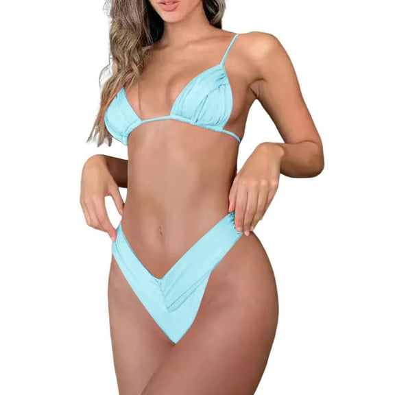 MSJUHEG Mid Rise Bikini Sets for Women,Push Up,Halter String,Bikini Tops Full Coverage Bottoms,Knot Front,Boho Swimsuits for Women,Swim Suits for Women 2025 Sky Blue L
