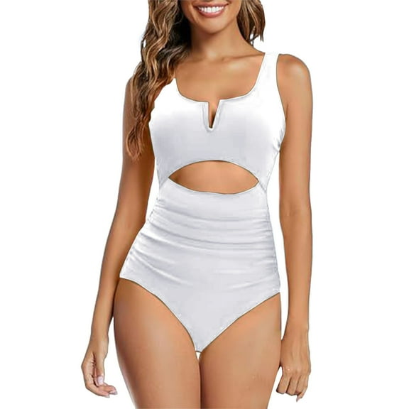 MSJUHEG Monokini,Womens One Piece Swimsuits,V Neck,Hollow Monokini Swimwear,Women's One-piece Swimsuits,Swimwear Monokinis,High Cut Swimsuit White XL