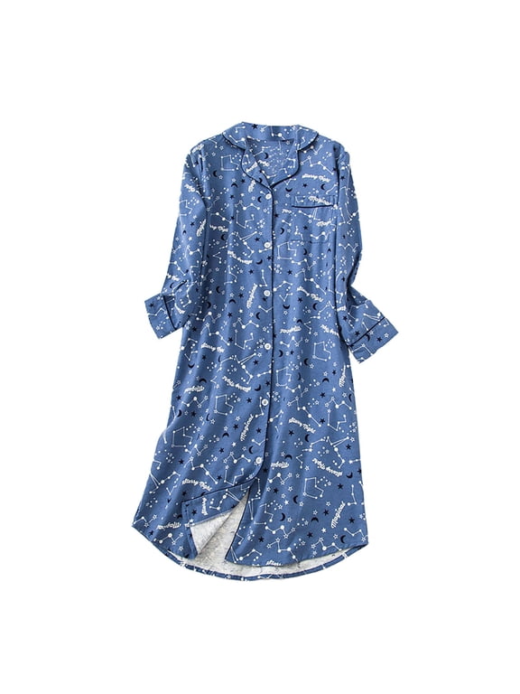 Nightgowns for Women Long Sleeve Button Down Sleep Shirt Night Gowns Full Length Sleepwear Long Sleepshirts House Dress Blue L