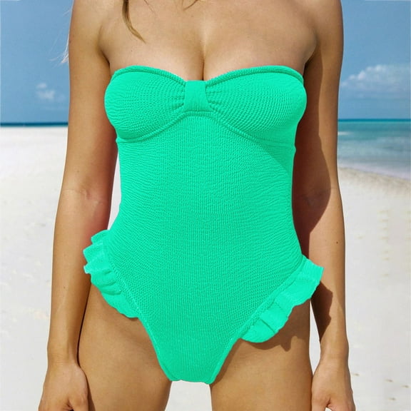 MSJUHEG One Piece Swimsuit Women,Green Swimsuits for Women,Striped Swimsuits for Women,Ribbed Monokinis Swimsuit Bathing Suits Swimwear,Bandeau Tankini Swimsuits for Women,Ruffle Bikini Green L