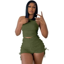 MSJUHEG Overall Shorts for Women,Short Jumpsuits for Women,Overalls for Women Shorts,Shorts Romper,Two Outfits For Ribbed Tank Crop Top Drawstring Ruched Shorts Set,Lounge Jumpsuit Army Green L