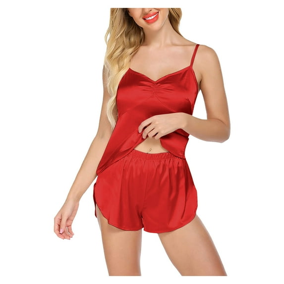 MSJUHEG Pajama Sets For Women 2 Piece Womens Pajamas Silk Pajamas For Women Solid Color Leisure Polyester 1 Top And 1 Pair Of Pajama Pants Sleepwear Sets Scoop Neck Sleeveless Slim-Leg Red M