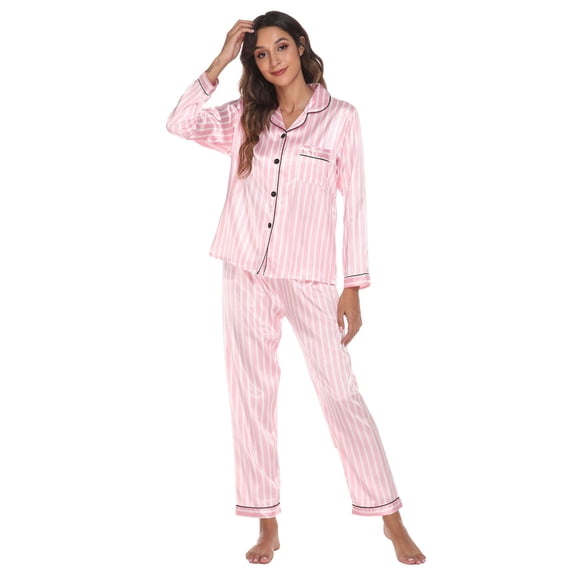 MSJUHEG Pajama Sets For Women 2 Piece Womens Pajamas Silk Pajamas For Women Solid Color Leisure Satin 1 Top And 1 Pair Of Pajama Pants Sleepwear Sets Notch Collar Long Sleeves Slim-Leg Pink S