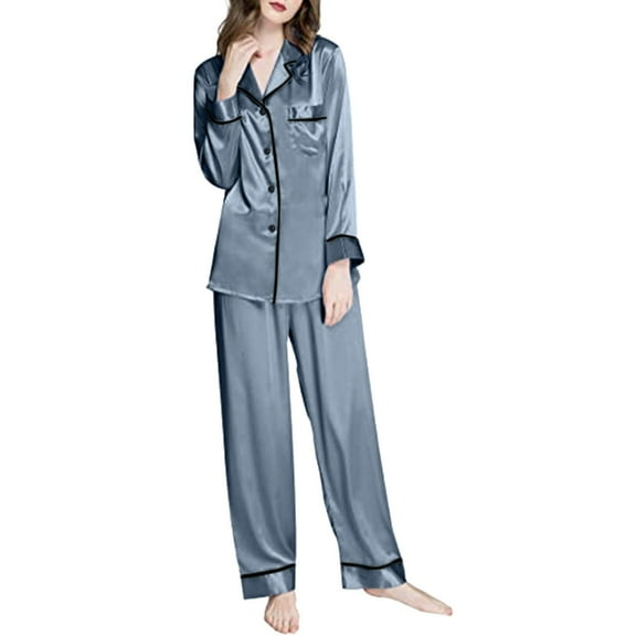 MSJUHEG Pajama Sets For Women 2 Piece Womens Pajamas Women Long Sleeve Like Silk Pajamas Two Piece Sets Solid Color Leisure Silk Pajamas For Women Gray Xxl