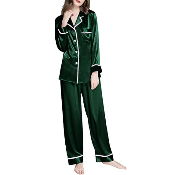 MSJUHEG Pajama Sets For Women 2 Piece Womens Pajamas Women Long Sleeve Like Silk Pajamas Two Piece Sets Solid Color Leisure Silk Pajamas For Women Green M