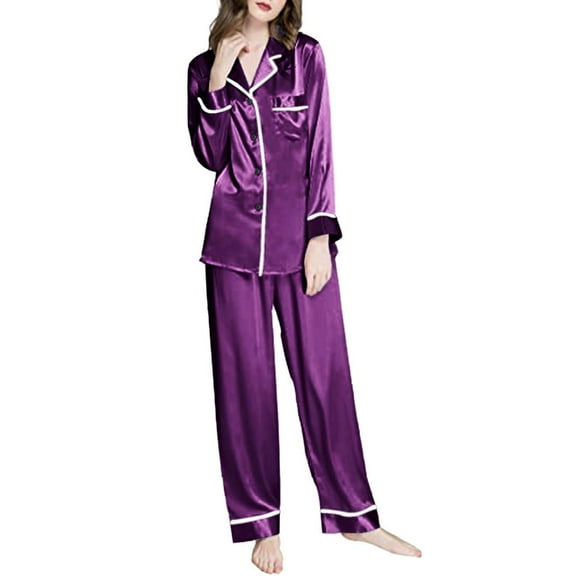 MSJUHEG Pajama Sets For Women 2 Piece Womens Pajamas Women Long Sleeve Like Silk Pajamas Two Piece Sets Solid Color Leisure Silk Pajamas For Women Purple Xxl