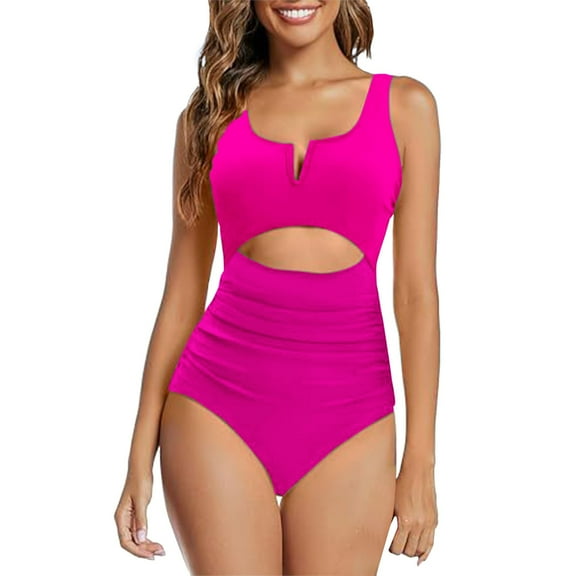 MSJUHEG Ribbed One Piece Swimsuits for Women,Womens Tankini Bathing Suits,Swimsuits for Women 2025,Ruched Push Up Bathing Suit,Bandeau Bathing Suits,Tummy Control Swimsuits for Women, Hot Pink XL