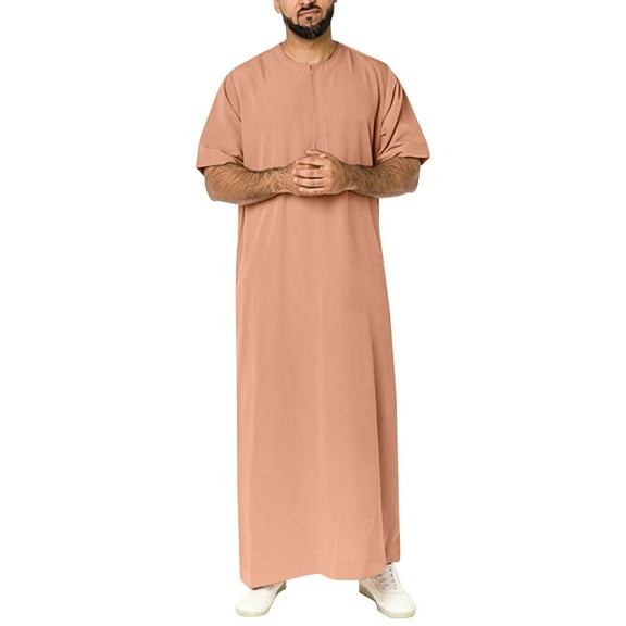 MSJUHEG Robe Mens Robe Dolman Crew Neck Short Sleeve Mens Casual Solid Round Neck Zipper Muslim Robe Short Sleeve Jubba Thobe Robe For Women Long Khaki Xl