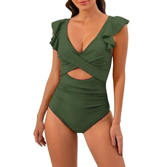 MSJUHEG Ruched Monokinis,Full Coverage Slimming Swimwear,Tummy Control Swimsuits for Women,One Piece Bathing Suit for Women,1 Piece Swimsuit,Halter Swimwear,Tie Side Army Green L
