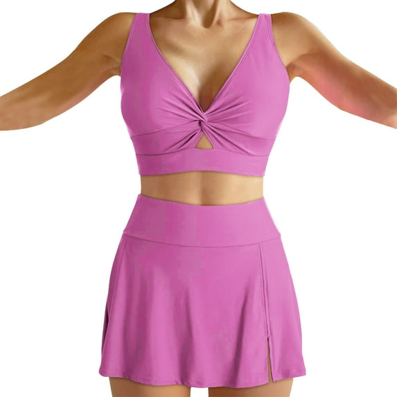 MSJUHEG Ruched Skirt Bathing Suit,Swimsuit Dress,Tie Knot Skirt Bathing Suit,One Piece Swimdress,2 Pieces Bikini Set,One Piece Swimdress Women,Plus Size Swim Dress Pink L
