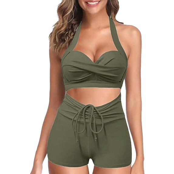 MSJUHEG Ruffle Swimsuits for Women,Bathing Suit for Women,Ruched Tankini Tops for Women,Crisscross Tie Back Bathing Suit,Bathing Suits,High Cut Bathing Suits,2 Piece Bikini Set Green L