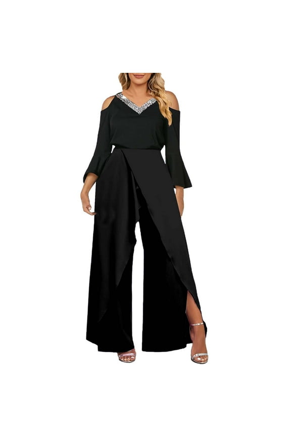 Sequin Jumpsuit,One Piece Jumpsuits for Women,Beach Outfits for Women,Petite Jumpsuits for Women,Slit Sequin Solid Elegant Wide Leg Jumpsuit,Jumpsuit Scrubs for Women Black L
