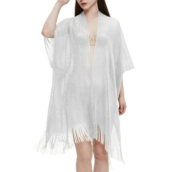 MSJUHEG Shawl Wraps,Pashmina Scarf,Wedding Guest Dresses,Pashmina Wraps,Ponchos,Cuff Filigree Tassel Cape Transparent Thin Shawl Silver 2 One Size