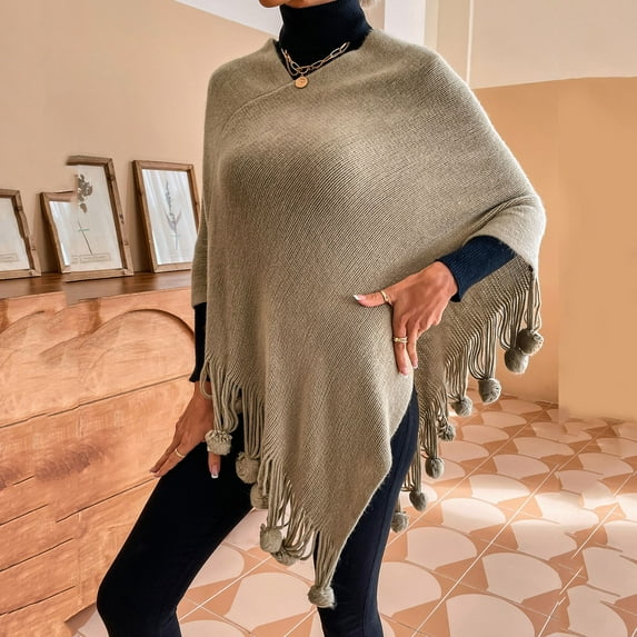 MSJUHEG Shawl Wraps,Pashmina Scarf,Wedding Guest Dresses,Pashmina Wraps,Ponchos,Frayed Pullover Fringed Shawl Sweater Cape Coat Khaki L