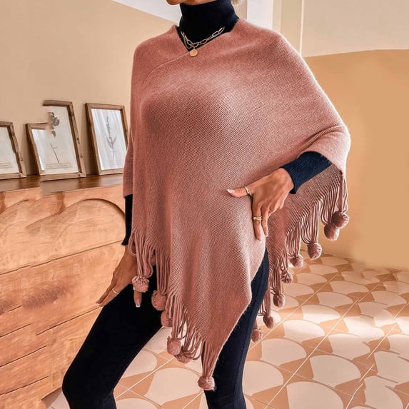 MSJUHEG Shawl Wraps,Pashmina Scarf,Wedding Guest Dresses,Pashmina Wraps,Ponchos,Frayed Pullover Fringed Shawl Sweater Cape Coat Pink S