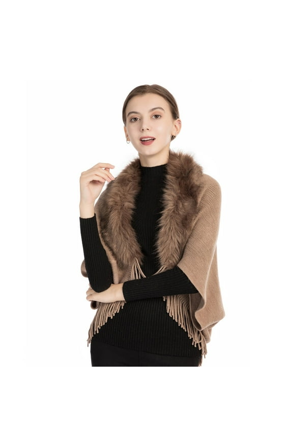Shawl Wraps,Pashmina Scarf,Wedding Guest Dresses,Pashmina Wraps,Ponchos,Loose Thickened Shawl Coat Faux Plush Collar Wrap Tassel Khaki One Size