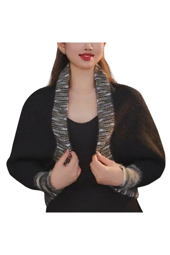 Shawl Wraps,Pashmina Scarf,Wedding Guest Dresses,Pashmina Wraps,Ponchos,Versatile Rainbow Knit Cardigan Sweater Shawl Black One Size