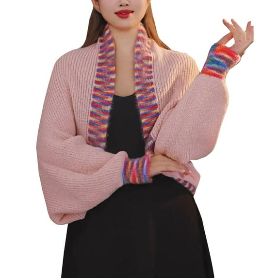 MSJUHEG Shawl Wraps,Pashmina Scarf,Wedding Guest Dresses,Pashmina Wraps,Ponchos,Versatile Rainbow Knit Cardigan Sweater Shawl Pink One Size