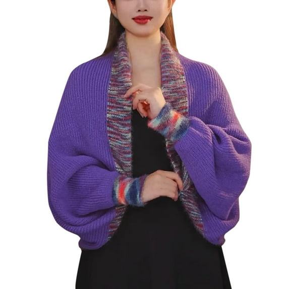 MSJUHEG Shawl Wraps,Pashmina Scarf,Wedding Guest Dresses,Pashmina Wraps,Ponchos,Versatile Rainbow Knit Cardigan Sweater Shawl Purple One Size