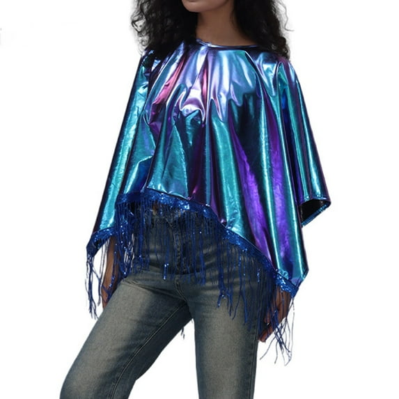 MSJUHEG Shawl Wraps for Women,Pashmina Scarf,Wedding Guest Dresses for Women,Pashmina Wraps for Women,Ponchos for Women,Reflective Patchwork Fringe Shawl Blue One Size