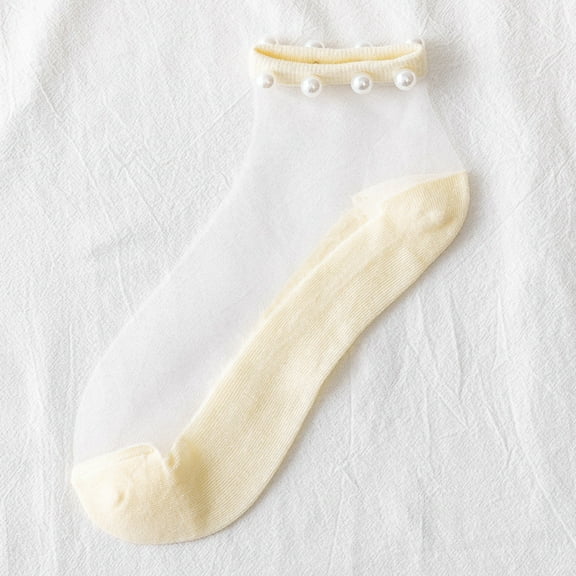 MSJUHEG Sheer Ankle Socks,Trouser Socks Women,Dress Socks Women,Lace Socks,Mesh Socks for Women,Short Socks Mesh Cute Beaded Solid Splice Breathable Socks Yellow 2 One Size