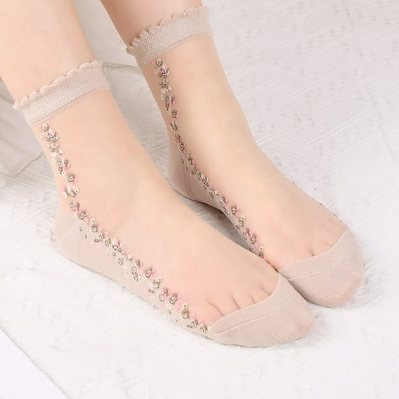 MSJUHEG Sheer Socks,Mesh Socks,See Through Socks,Trouser Socks Women,Lace Socks,Unisex Warm Soft Embroidered Mesh Sport Socks Medium Stockings Casual Socks Beige One Size