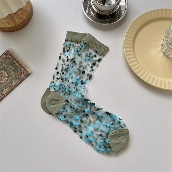 MSJUHEG Sheer Socks,Mesh Socks,See Through Socks,Trouser Socks Women,Lace Socks,Women's Dot Glass Thin Dot Medium Tube Transparent Green One Size