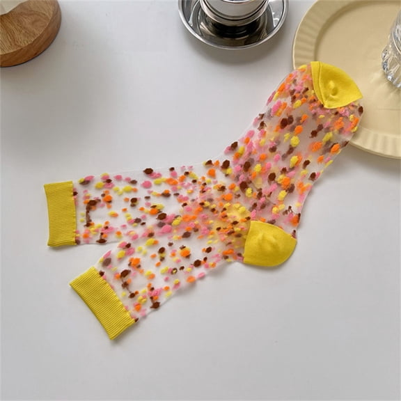 MSJUHEG Sheer Socks,Mesh Socks,See Through Socks,Trouser Socks Women,Lace Socks,Women's Dot Glass Thin Dot Medium Tube Transparent Yellow One Size