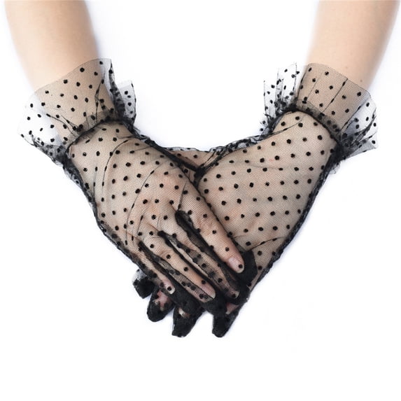 MSJUHEG Short Polka Dot Lace Gloves Full Finger Gloves Net Texture Fishnet Gloves Floral Lace Gloves Mesh Gloves Vintage Gloves Tea Party Gloves Elegant Short Lace Vintage Accessories Black One Size