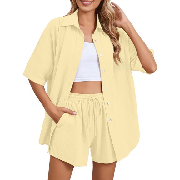 MSJUHEG Short Set Linen Set Women Biker Short Set Summer 2 Piece Sets for Women Two Piece Summer Sets for Women Athleisure Sets Women Summer Sets Yellow XL