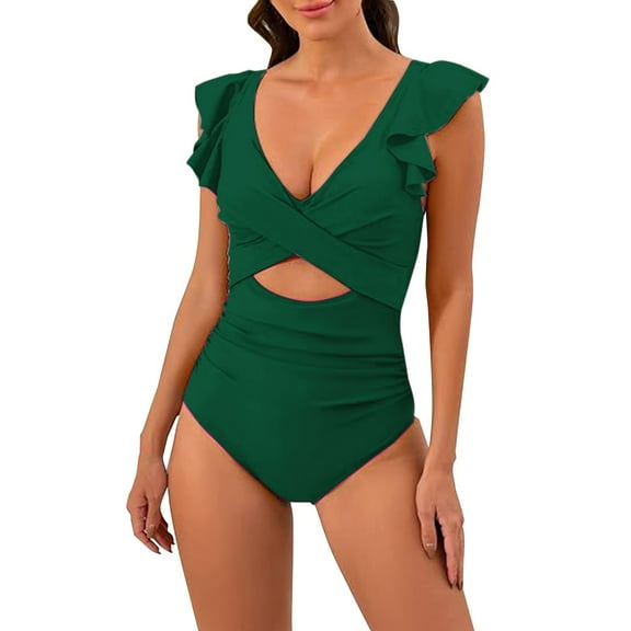 MSJUHEG Short Sleeve Bathing Suit,Full Coverage Slimming Swimwear,Monokini Swimsuits for Women,Push Up Bathing Suits for Women,Cross Back,Swim Suits for Women 2025,High Cut Backless Green M