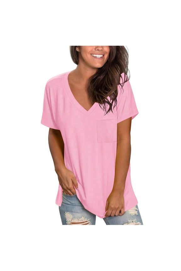 Short Sleeve Shirts for Women Oversized Tshirts for Women's Comfort V-neck Solid Color Pocket Loose Fit Short Sleeve Shirt V Neck T Shirts for Women Womens Tops Shirts for Women Pink M