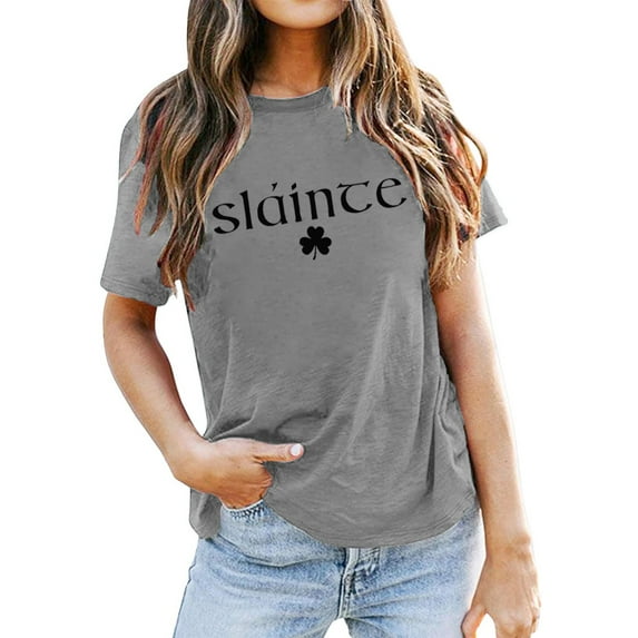 MSJUHEG Short Sleeve Shirts for Women Shirts for Women Slainte Women's Letter Print Round Neck Short Sleeve T Shirt Top Tshirts Shirts for Women Womens Tops Graphic Tees Gray M