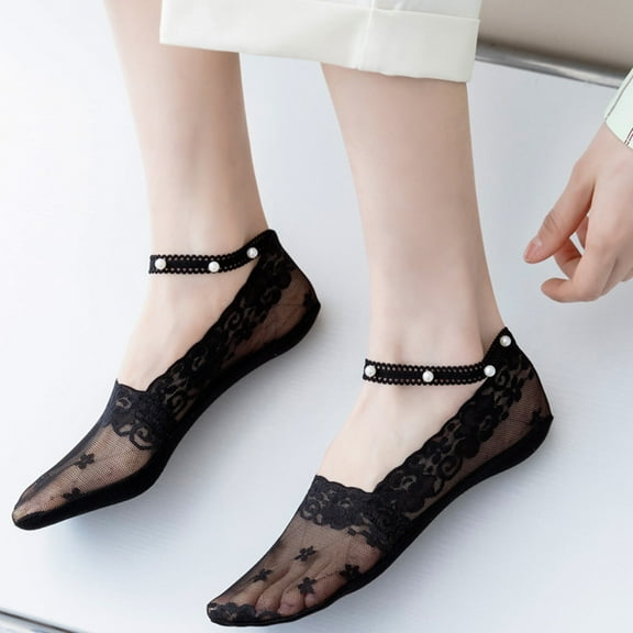 MSJUHEG No Show Socks Womens,Lace Socks,Womens Socks,Footies Socks for Women,Flat Socks,Ballerina Socks Solid Non Slip Socks Lace Splice Socks Boat Socks Black 1 One Size