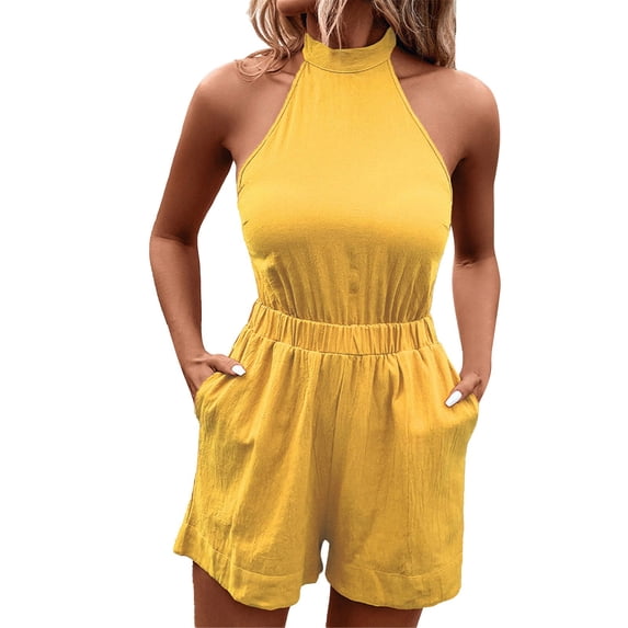 MSJUHEG Sleeveless Jumpsuits for Women,Backless Jumpsuit for Women,Travel Outfits for Women,Business Casual Outfits for Women,Backless Slim Sleeveless Romper,Workout One Piece for Women Yellow S