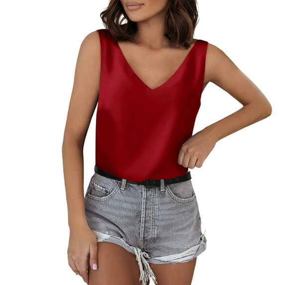 MSJUHEG Sleeveless Tops for Women Tank Top for Women Going Out Tops for Women Tank Tops Womens Tops Tank Tops for V Neck Silk Satin Sleeveless Blouse Basic Camisole Shirts Polyester 1PC Top Red L