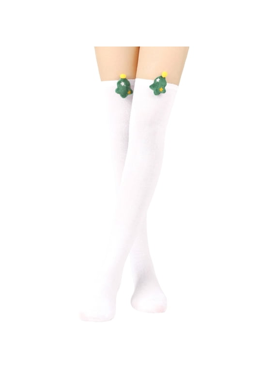 Solid Knit Thigh High Long Socks for Women Elastic Over-the-Knee Socks for Party Matching A7-White A