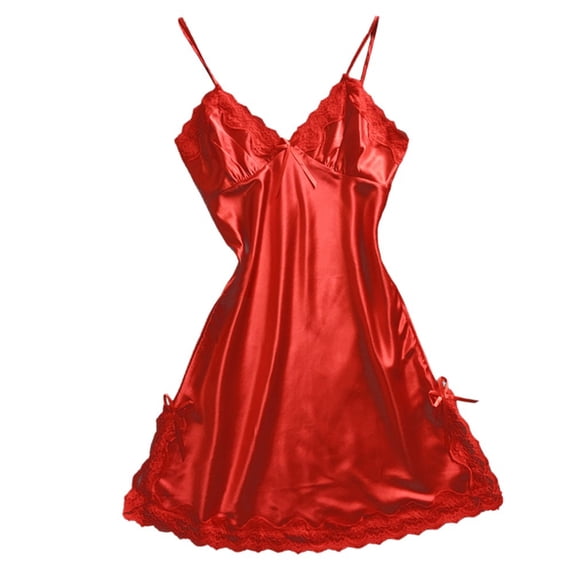 MSJUHEG Spaghetti Strap Satin Chemise Lace Pajamas for Women Spaghetti Sleepwear V Neck Satin Nightgown Sleep Dress Above Knee Length Lace Sleepwear Pajama Dress Summer Pajamas for Z1 Red M